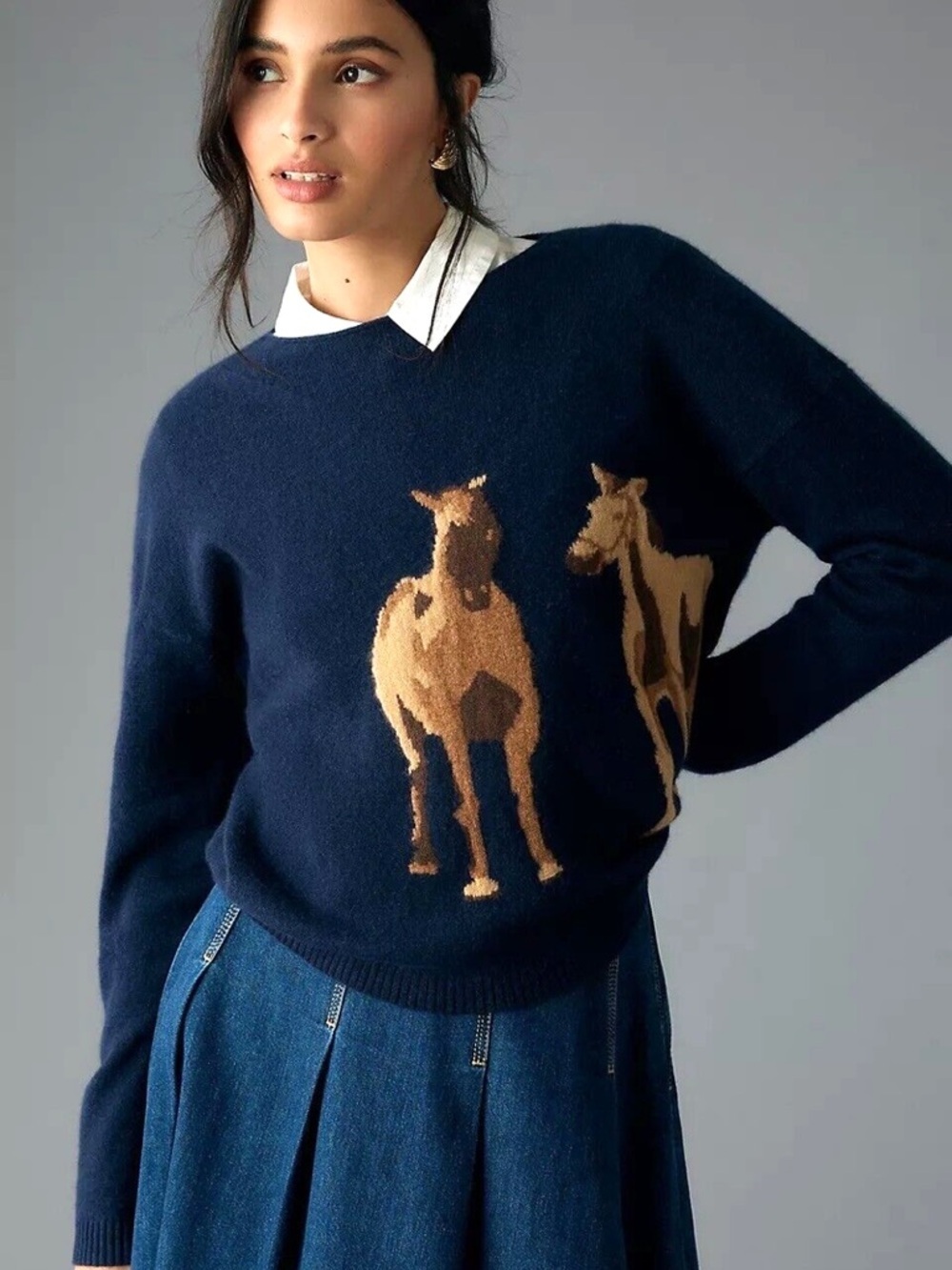 Anthropologie Maeve Cashmere Horse Sweater Size Large Navy